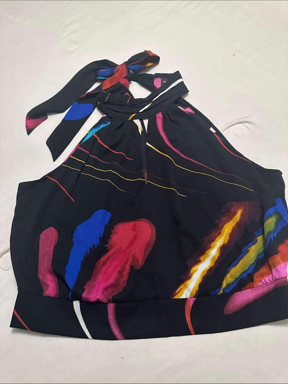 Black Halter Blouse with Multicolor Brushstroke Print